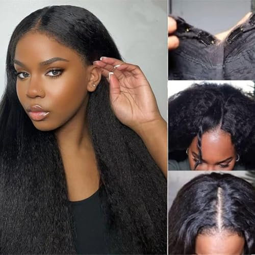 22 inch V Part Wig Kinky Straight Human Hair Glueless Wigs Human Hair Pre Plucked Upgraded of U part Wig Beginner Friendly No Sew in NO Glue 180% Density
