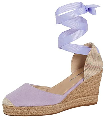 Sandalias de cuña de esparto para mujeres Sandalias de esparto de cuña para mujeres de cuña de hessian Sandalias de cuña de esparto de mujer con tiras de pierna atadas al tobillo, Lila, 36 EU