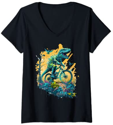 Damen T-Rex Mountainbike Radfahren Trail Biking Tyrannosaurus Rex T-Shirt mit V-Ausschnitt
