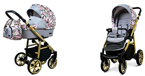 Babylux Color Lux Poussette Bébé 2en1 Profonde et Poussette Avec Accessoires Construction en Aluminium Réglable et Pliable 2 Options de Montage Roues Étanches Albion Roses On Leopard Gold Frame