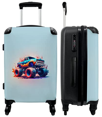 NoBoringSuitcases.com® Kindertrolley Jungen Koffer Carry on Luggage Suitcases Geschenk - Monstertruck - Flammen - Blau - 67x43x25cm