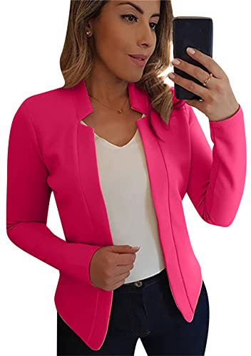 Yming Frauen Freizeit Mantel Einfarbig Crop Sakkos Revers Langarm Cardigan Rose L