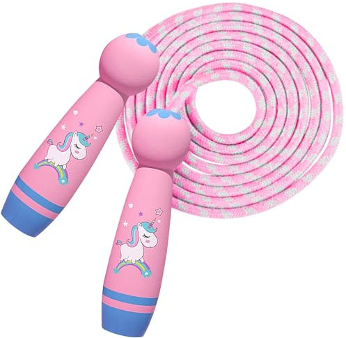 Corde à sauter pour enfants, réglable, 2,6 m, corde à sauter réglable avec poignée en bois, corde à sauter pour enfants avec poignée en bois de dessin animé, corde à sauter