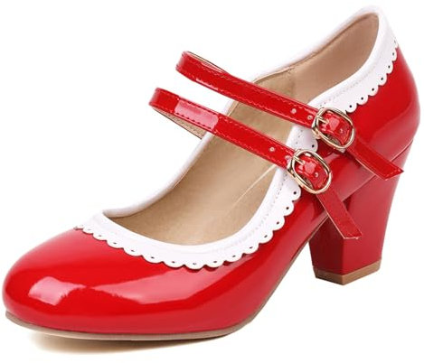 Scarpe Mary Jane da Donna con Tacco Largo, Pompe al Tallone Alto Punta Rotonda Fibbia Scarpe da Festa Bicolori Moda Saanpj Rosso Numero 46 EU