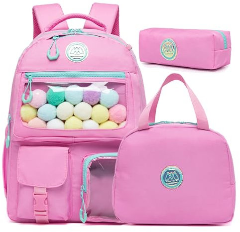 ZBAOGTW Bonita mochila para niñas, mochila escolar estética para niñas, mochila con lonchera para el regreso a la escuela, Pompón rosa, 42 cm, Mochilas de mochila