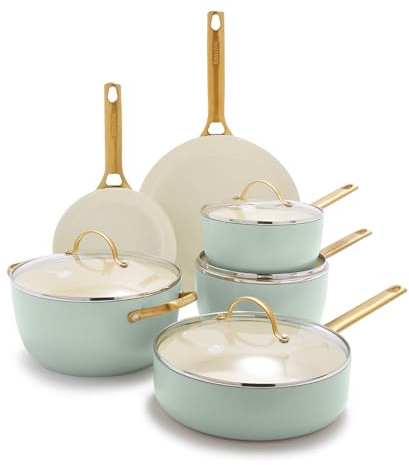 GreenPan Reserve Batterie de Cuisine Antiadhésive en Céramique Saine Anodisée Dure, 10 pièces, Avec Poêles à frire, Sauteuse et Marmite, Poignées dorées, Sans PFAS, Induction, Four, Vert Menthe