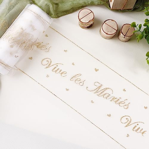 GEBETTER Tulle “Vive Les Mariés” 15cmx9m Rouleau Ruban Blanc Paillette Décoration Voiture Mariage Chemin de Table (Doré)