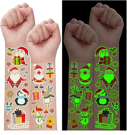 Leesgel Weihnachten Tattoo Kinder 28 Blätter, Leucht Weihnachtsdeko Kindertattoos Weihnachts Kinder Tattoo Temporäre Tattoos Mädchen Jungen, Nikolaus Geschenke Weihnachtsgeschenke Weihnachten Deko