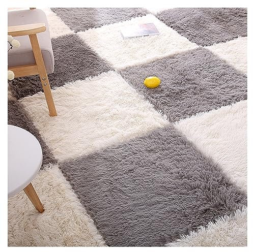 12 Pièces De Dalles De Moquette Emboîtables, Tapis en Mousse Souple à Poils Longs, Tapis Moelleux, Carreaux De Sol De Protection, Tapis De Jeu Puzzle pour La Maison, Le Salon(Color:Blanc+Gris)