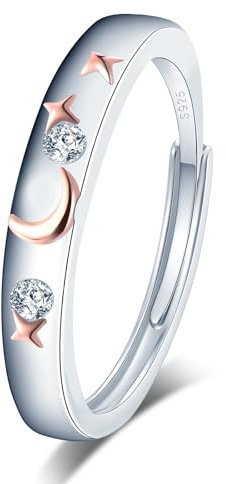 VIKILEE Damen S925 Sterling Silber Ring Mit Stern Und Mond Motiv - Cubic Zirkon Steinfassung, Einstellbare Größe Für Freundin, Jahrestag, Hochzeit