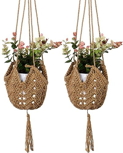 Hanging Planters Baskets Jute Rope Macrame Plant Hanger with 2 Hanging Hooks Wall Hanging Flower Pot Holder for Home Decor 2 Pack