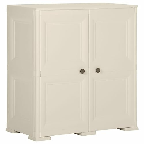 GuyAna Plastic Cabinet 79x43x85.5 cm Wood Design Vanilla Ice,Tall Plastic Vertical Storage Cabinet, Garden Storage Cupboard, Outdoor Lockable Cabinet, Water Resistant Tall Cupboard, Garden Storage Box