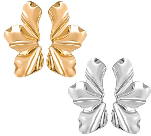 2 Paia Orecchini Asimmetrici Alla Moda Placcati Oro, A Fiore Opaco retrò - Petali Irregolari,Gioielleria Regalo per Mamma Moglie Figlia