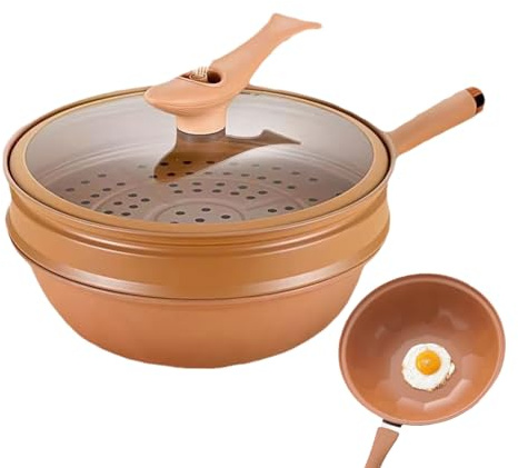 Fenhua Wok en Argile AntiadhéSif avec Panier Vapeur, Pot À Vapeur Multifonctionnel À Microo Pression en Argile De Poterie, avec Couvercle en Verre, Grille Cuite À La Vapeur, PoêLe À Frire
