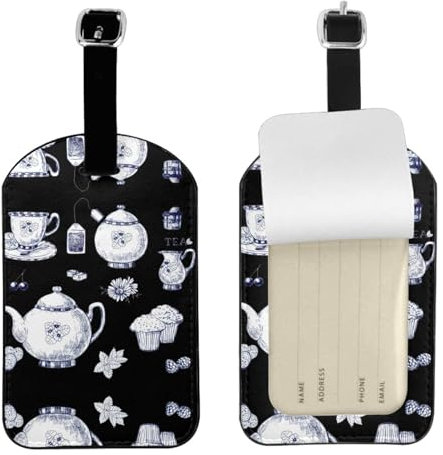 Hand Drawn Teapots and Cups Print Luggage Tags for Suitcase,Travel Cruise Luggage Tag, with Privacy Flap Name ID Labels