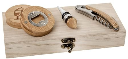 PuntoCasaStore BRINDA SET 3 PZ TAPPO APRITAPPI CAVATAPPI LEGNO CON SCATOLA WOOD BOX BOMBONIERA IDEA REGALO