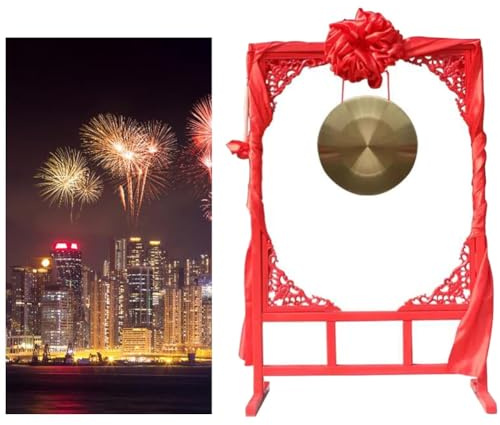 Instrument De Percussion Traditionnel Chinois Gong En Cuivre, Avec Support De Gong En Bois Sur Pied, Batteur Et Ruban De Suspension Rouge, pour La Célébration D'ouverture De Mariage (Couleur : Gold,