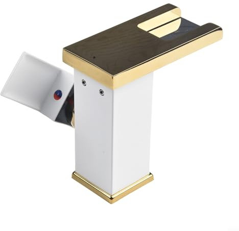 LED Waterfall Faucet Washbasin Tap, Energy Saving LED Waterfall Faucet, Solid Brass Construction, Basin Deck Mounted, Mixer(White + gold)