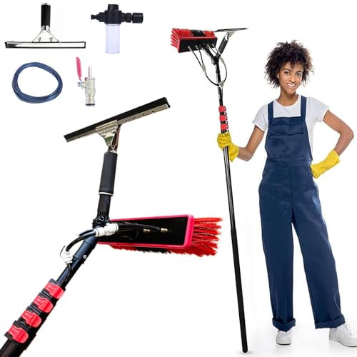 SADOMAIN Teleskopbürste mit Wasseranschluss 3.6-6 m Teleskopstange Fensterreinigung,mit Seifenspender und Fensterwischer,Teleskop waschbürste, Terrassenüberdachung (35cm Brush Head,4.6M)
