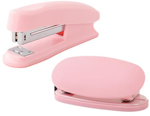 Mecmbj Locher Tacker Set, Tacker Büro, 2 Stück Bürohefter Ohne Heftklammern, Kapazität 20 Blatt, Tragbares Kleines Heftgerät und Locher Set für Büros, Klassenzimmer, Arbeitszimmer (Rosa)