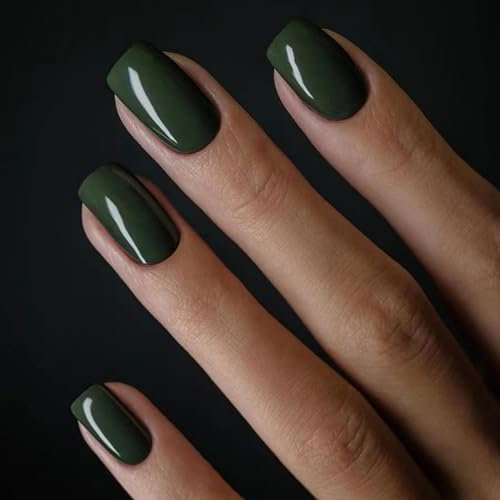Ceboic 24 Pièces Faux Ongles Court Soft Gel Carré Acrylique Faux Ongles Autocollants Pleine Couverture Ongles à Coller French Press on Nails pour Femmes et Filles DIY Nail Art - Vert Foncé