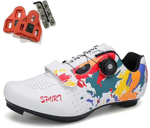 SDEQA Fahrradschuhe and Mountainbike Schuhe Herren, Atmungsaktiv Radschuhe MTB Schuhe Kompatibel mit Look SPD SPD-SL Delta Lock Pedal Peloton Schuhen MTB Schuhe,Weiß,42 EU