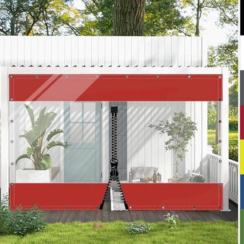 HQQMNY Glasklar Outdoorvorhänge Plane mit ösen Abdeckplane Wasserfest 0.5mm Zeltplane mit Ösen aus 560g/m² PVC Wetterfeste Gewebeplane Regenschutzplane (Rot + 1 Reißverschluss, H1,8mxL1,2m)