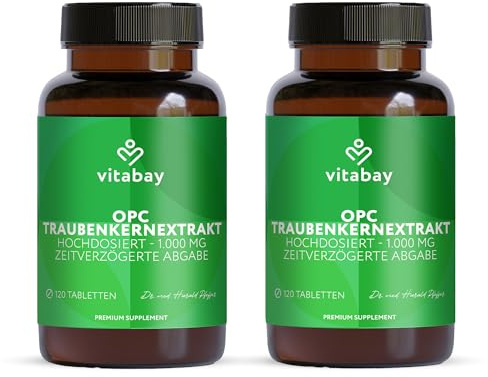 OPC Traubenkernextrakt 1000 mg – 240 vegane Tabletten – Time Released | 95% OPC Hochdosiert – Kaltwasser-Extraktion – Polyphenole aus Traubenkernen – Laborgeprüft – 4 Monate Vorrat – 2er Bundle