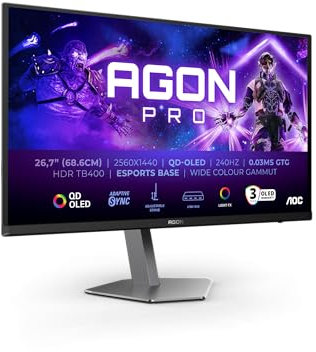 AOC Agon PRO AG276QZD Monitor da gioco OLED QHD da 2-27 pollici, 240 Hz, 0.03 ms GtG, FreeSync Premium Pro, G-Sync comp., HDR400 2560x1440, 2X HDMI 2.0, DisplayPort, USB Hub nero