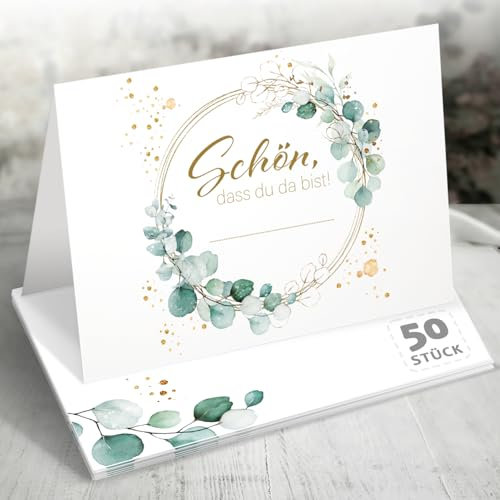 Funke & Brand 50 Tischkarten Schön, dass du da bist Efeu – Eukalyptus Design - Hochzeit oder Taufe - Floral Grün mit Goldakzenten