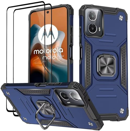 KANSi Funda para Motorola Moto G34, Cristal Vidrio Templado [2 Piezas] Capa Anillo iman Soporte Hard PC y Silicona TPU Antigolpes Armor Carcasa - Azul