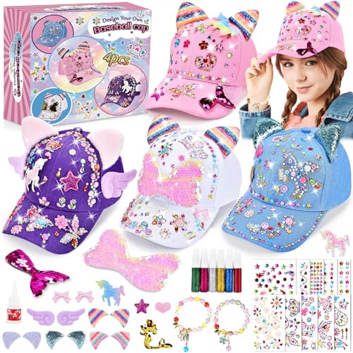 Aragallant Geschenke für Mädchen Baseballkappe Bastelset, 4 PCS DIY Baseballkappe mit Einhorn Armbänder Edelstein Aufklebern Flügel, Schulanfang Geburtstag Geschenk Mädchen 4 5 6 7 8 9 10 Jahre