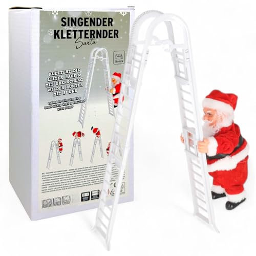 MIJOMA Singender kletternder Salto Santa – Batteriebetriebener Weihnachtsmann mit Sound – 40cm hoch, klettert die Leiter hinauf und Macht einen Überschlag – Perfekte Weihnachtsdeko