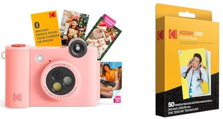 KODAK Smile+ 2-in-1-Digitalkamera für Sofortdruck und kabelloser Bluetooth-Fotodrucker + KODAK 2 x 3 Zoll Premium-Fotopapier (50 Blatt)