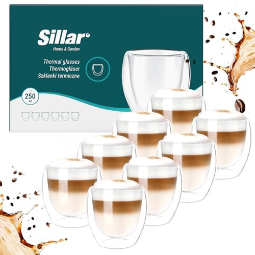 Sillar Bicchieri a Doppia Parete 250ml Tazze Caffe Vetro, Set di 8 Tazzine | Bicchieri Termici a Doppia Parete in Vetro Borosilicato Proteggono le Mani | Tazzine Caffe per Cappuccino, Caffè, Tè
