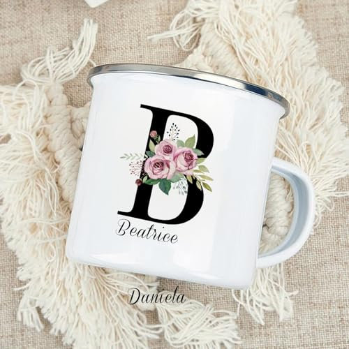 MINXLTD Personalised Enamel Mug, Personalised Initial & Name Enamel Camping Mug Gifts Ideas for Campervan Camper Van Picnic Metal Insulating Hot Outside Outdoors Festival