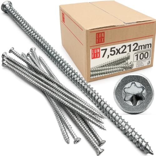 Viti torx 7,5 x 212 mm per telaio finestra e porta, viti per cemento senza tassello e per legno, turboviti torx per serramenti, vite zincata testa svasata, confezione 100 pezzi resistenti