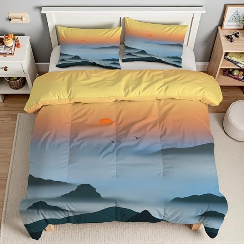 EXSANLIEAY Sonnenaufgang Bettwäsche 135x200 - Gebirge Wendebettwäsche, Weiche & Atmungsaktiv Microfaser Bettbezug + 2 Kissenbezug 80x80, Angenehme bettwäsche-Sets, 3 Teiligmit Reißverschluss