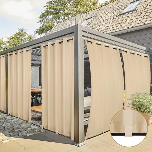 2 Stücke Outdoor Vorhang Wetterfest mit Ösen, Outdoorvorhänge Balkon Vorhang Terrasse Vorhänge Outdoor Gardinen Sonnenschutz & Sichtschutz Vorhänge mit Schlaufen Unten, H213 x B254 cm, Beige