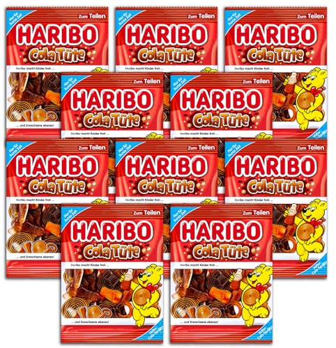 10 er Pack Haribo Cola Tüte 10 x 175g Mischung aus Fruchtgummi und Schaumzucker mit Colageschmack