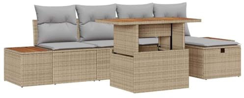 vidaXL 6-teiliges Gartensofa-Set mit Kissen in Beige aus Poly Rattan – modernes Design für draußen, ESS- und Sitzgruppe für Patio und Terrasse, modulare Lounge-Möbel