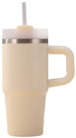 Acero Inoxidable Vaso Térmico Aislado & Botella Térmica - Taza Auto con Manija Tipo Stanley - Botella Multicolor con Paja/Tapa, Termo Café - Taza Viaje Térmica Estilo Contigo (Off white)