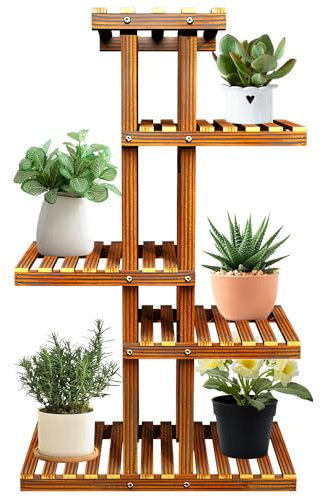 5-Tier Solid Wood Plant Stand, Multi-layer Flower Pot Rack Floor-standing, Potted Flower Rack High Low Display Shelf, Indoor Outdoor Waterproof Storage Rack for Garden Patio Yard Balcony, Brown