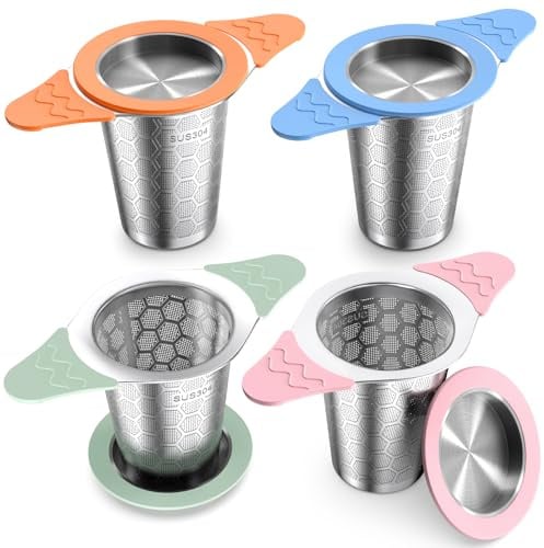 Yomanta Tea Strainer - 304 Stainless Steel Tea Infuser with Dual Silicone Handles & Lid, Tea Filter 0.4mm Fine Mesh, Tea Strainers for Loose Tea, Tea Diffusers for Cups Teapots Mugs - 4 Pack