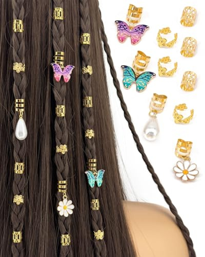 FUGLUS 34 anillos para el pelo trenzas, joyas Dreadlocks trenzas Clip, accesorios para el cabello, anillos para el cabello, cuentas de clip en espiral, pelo trenzado, accesorios de decoración, cuentas