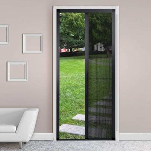 Retractable Screen Door Heavy Duty Bug Proof Mesh No Drilling Aluminum Frame Fits Single Double Doors Customizable Size Ideal for Easy Access & Ventilation (Black)