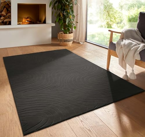 Kurzflor Boho Vintage Teppich waschbar, pflegeleicht geeignet für Wohnzimmer, Schlafzimmer und Kinderzimmer Kinderteppich auch als Badematte Badzimmerteppich Anthrazit abstrakte Wellen 080 cm rund