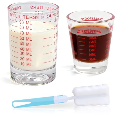 Mispudin 30ml+90ml Messbecher Klein 2er Set, Schnapsgläser für Espresso | Cocktail Messbecher, Shotglas mit Skala, Bürste, für Tequila, Wodka, Kaffee und Küche, Rot