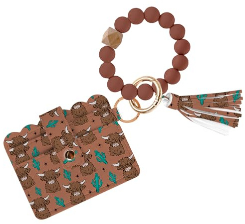 Geldbörse Schlüsselanhänger Armband Silikon Perlen Armband Geldbörse mit Handschlaufe und Kartenetui ID Fenster PU Leder Blockierkarte für Frauen, Mädchen und Freunde, kuh, Horizontal, Modern