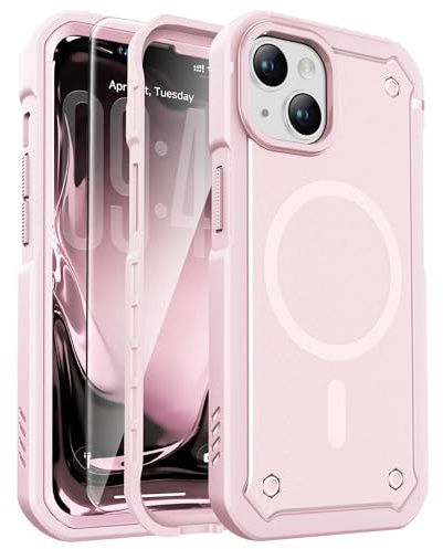 ORETECH Magnetic for iPhone 14 Case, with [2x 9H Tempered Glass Screen Protector Included] [Compatible with MagSafe] [25 FT Military Grade Drop Protection] 360° Rugged Armour Phone Cover - Light Pink